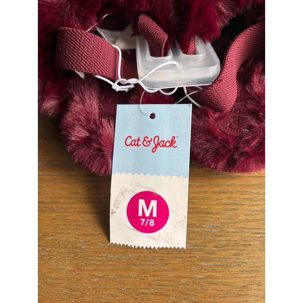 Cat & Jack Adler Burgundy Faux Fur Slippers with Velvet Bow Kids Size M 7/8 NWT